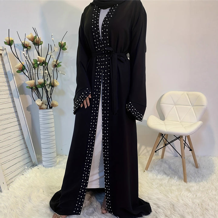 Damen elegante Abaya mit aufwendigen Strassdetails und Taillengürtel Drune