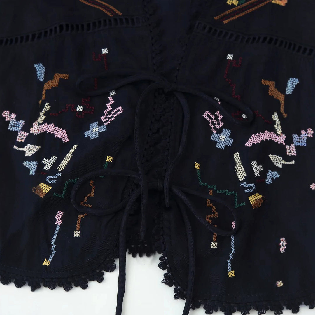 Damen nan bestickte Kimono-Jacke mit Bindeband, Häkelkante und ellenbogenlangen Ärmeln Drune
