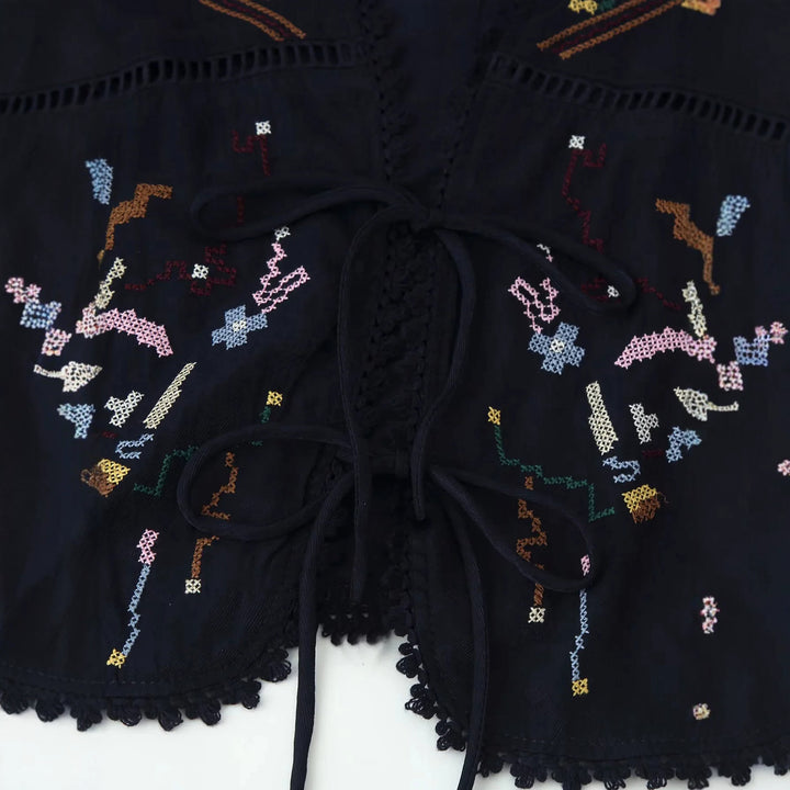 Damen nan bestickte Kimono-Jacke mit Bindeband, Häkelkante und ellenbogenlangen Ärmeln Drune