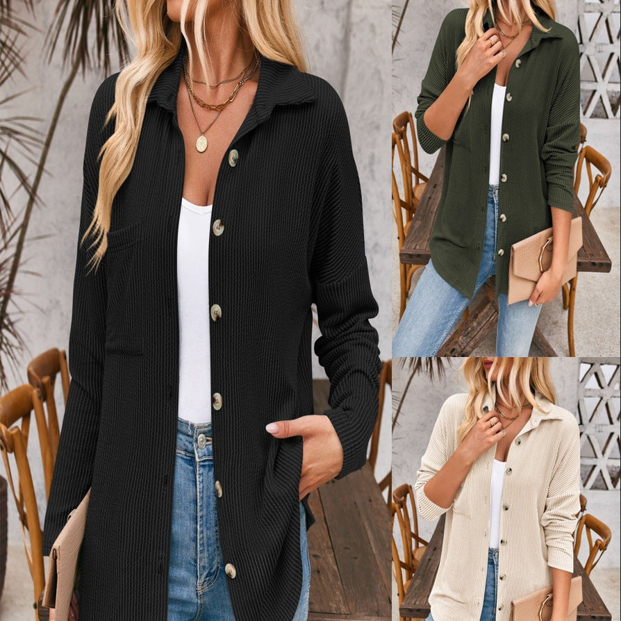 Damen Gerippte Oversize-Hemdjacke mit durchgehender Knopfleiste und Hemdkragen Drune