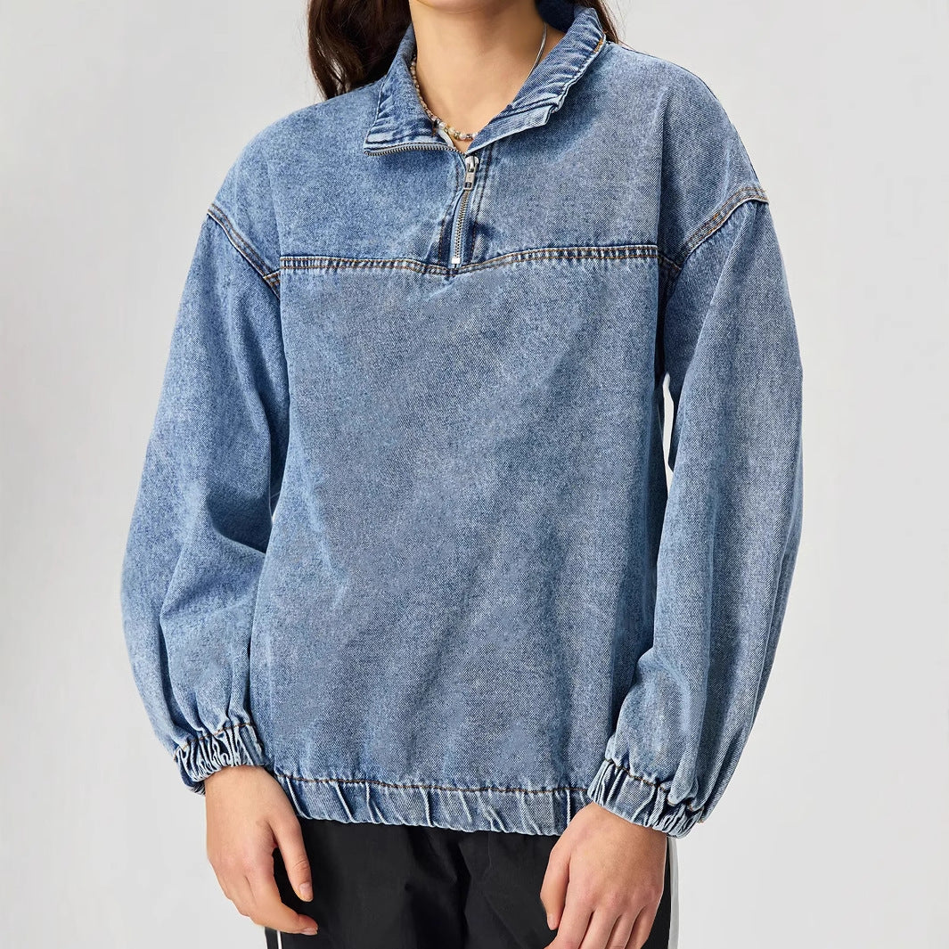 Damen lockeres Denim-Pullover mit Stehkragen und Reißverschluss Drune
