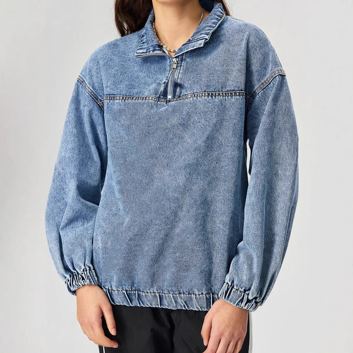Damen lockeres Denim-Pullover mit Stehkragen und Reißverschluss Drune