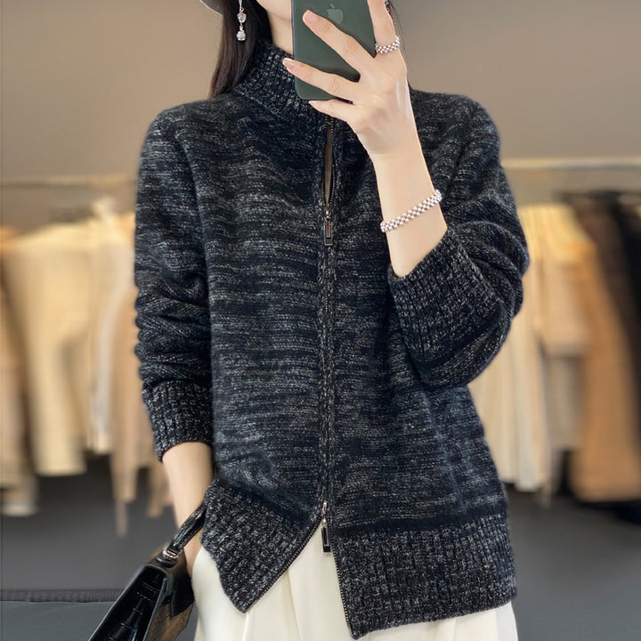 Damen Reißverschluss‑Strickjacke mit melierter Struktur und Stehkragen Drune