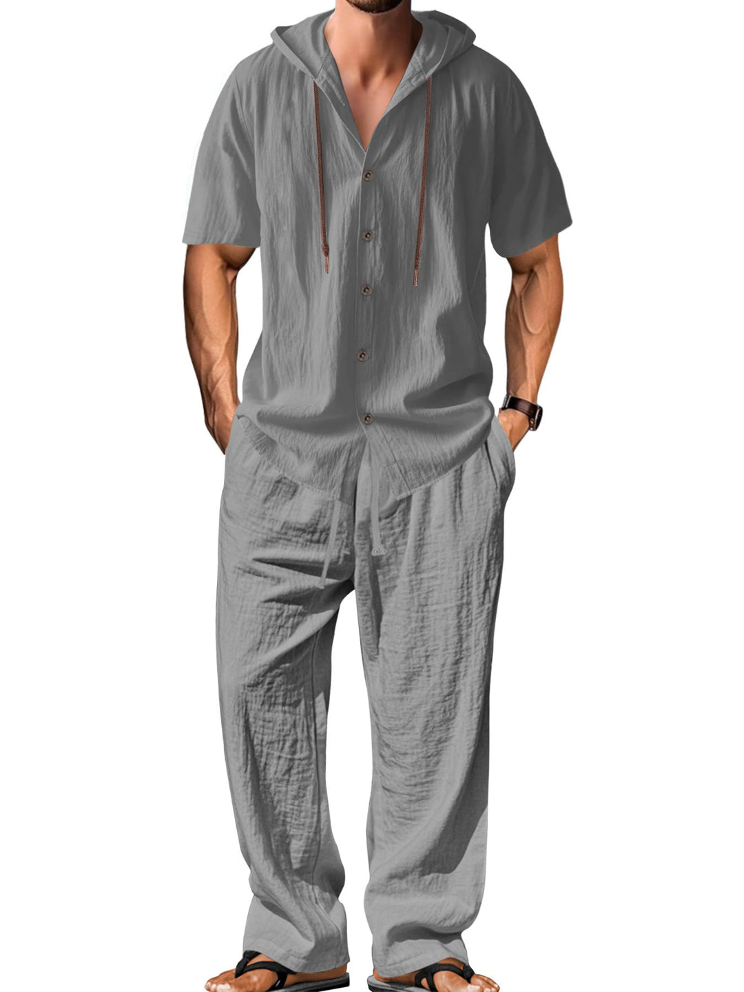 Herren nan luftiges Leinen-Lounge-Set mit kurzärmeligem Kapuzenhemd und gerader Relaxhose Drune