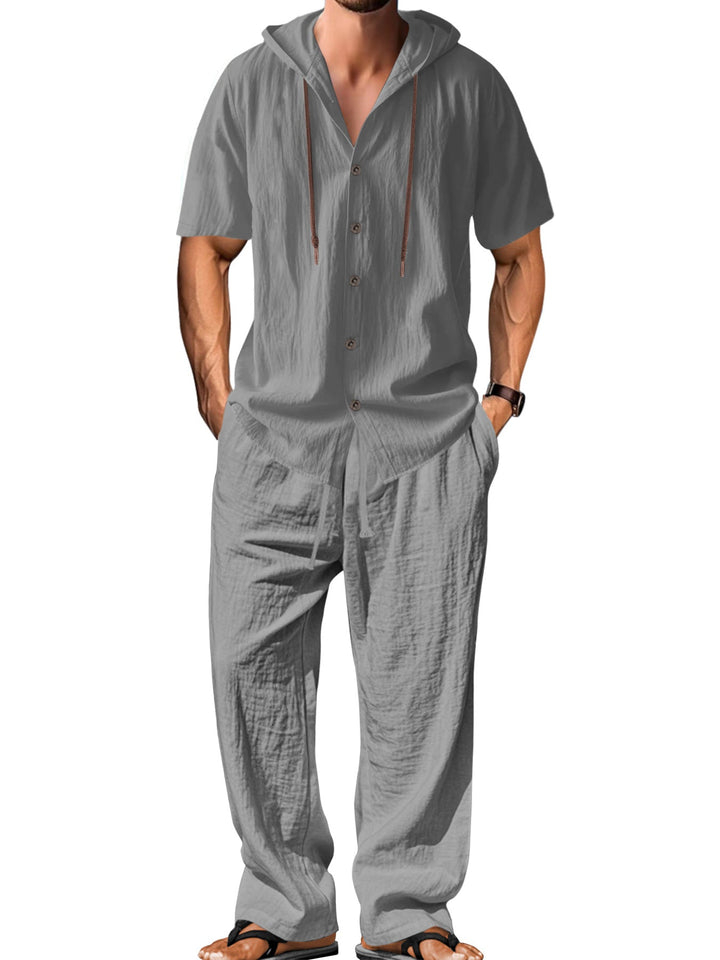 Herren nan luftiges Leinen-Lounge-Set mit kurzärmeligem Kapuzenhemd und gerader Relaxhose Drune