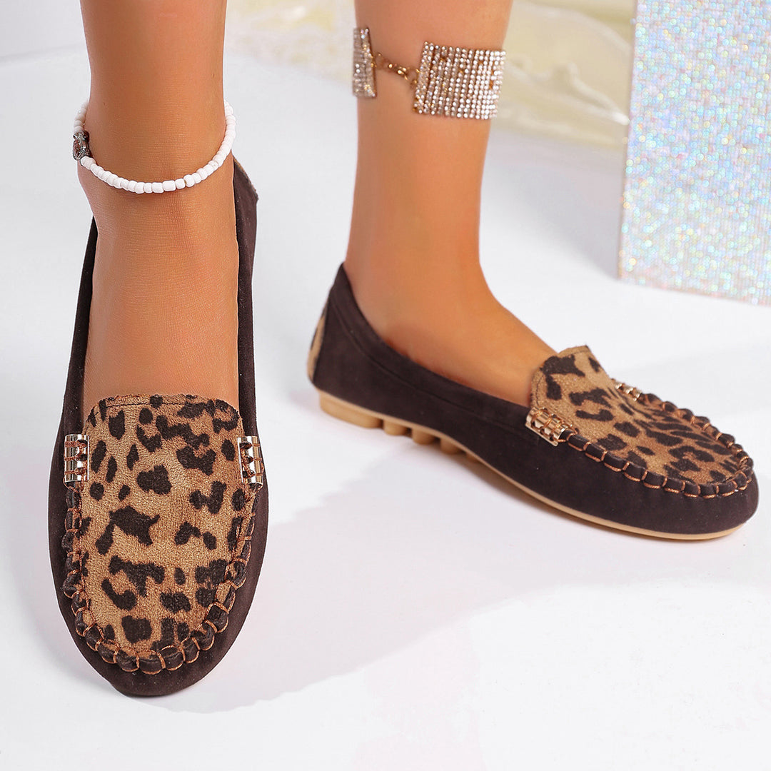 Damen nan Mokassin-Loafer mit Leopardenmuster, dekorativer Ziernaht und flexibler Noppenlaufsohle Drune