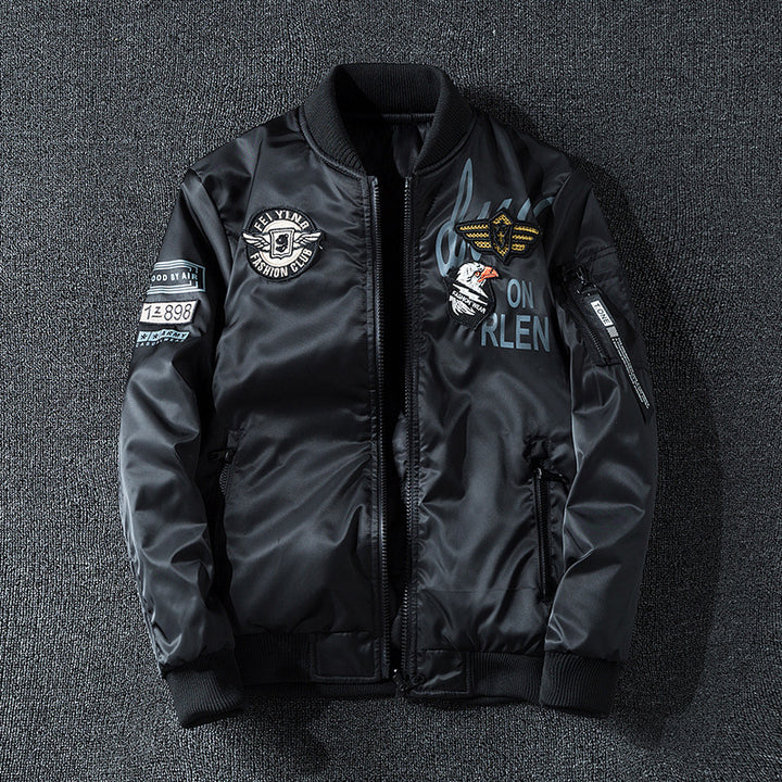 Men's  patch-detail glossy flight bomber with ribbed trims Drune
