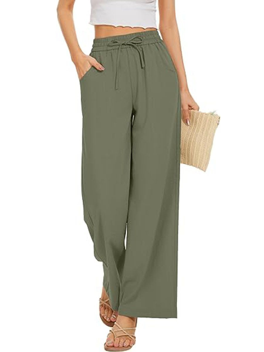 Damen Weite Leinenhose mit hohem elastischem Bund, Kordelzug und Eingrifftaschen Drune