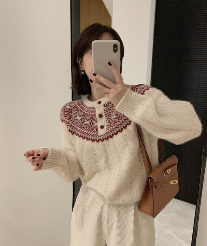 Damen Norwegermuster-Rundpassepullover mit Knopfleiste und Mohair‑Look Drune