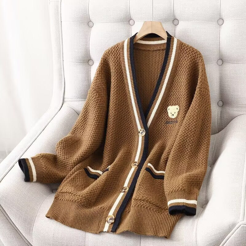 Damen Strickjacke mit Bärenmotiv und Kontraststreifen Drune