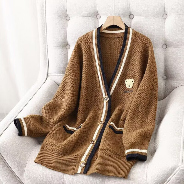Damen Strickjacke mit Bärenmotiv und Kontraststreifen Drune