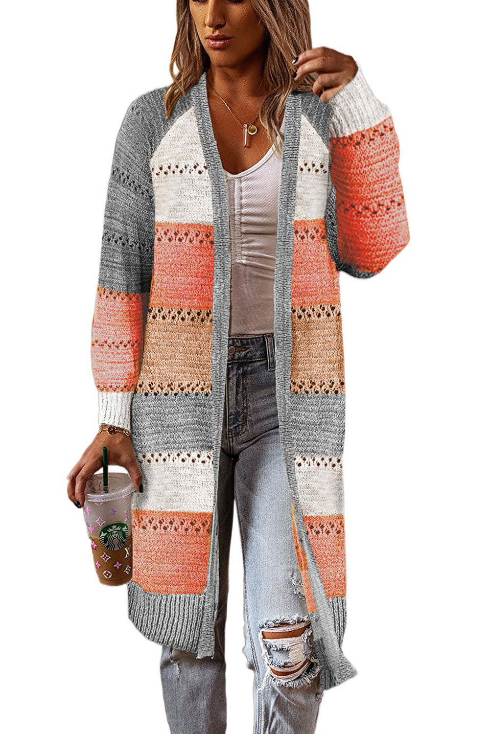 Damen Strickjacke mit modischem Farbblockdesign und luftigen Häkelstrickdetails Drune