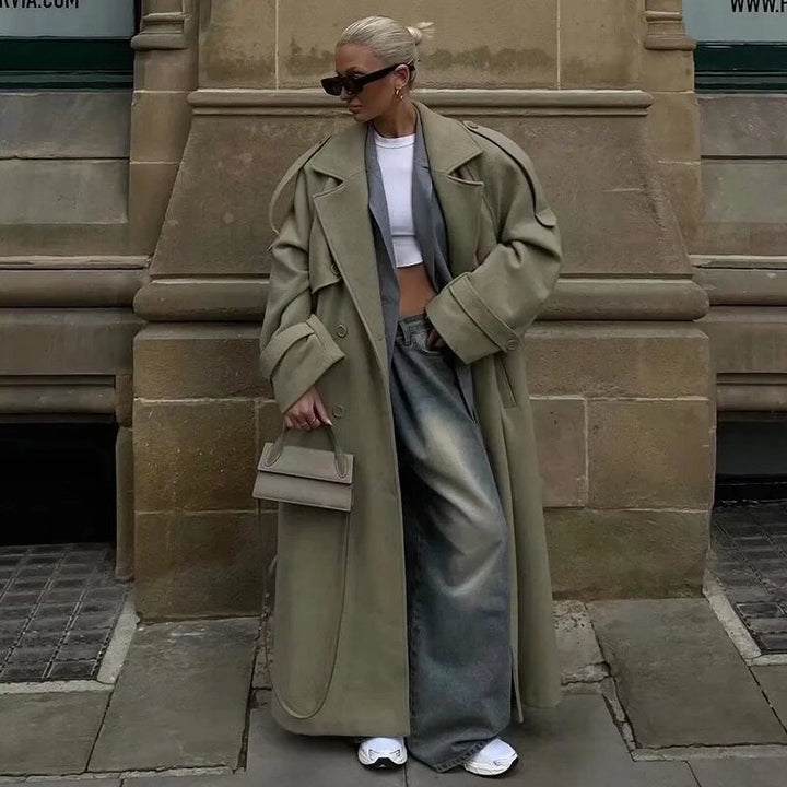 Damen Langer Trenchcoat mit Bindegürtel, doppelreihiger Knopfleiste und Epauletten Drune
