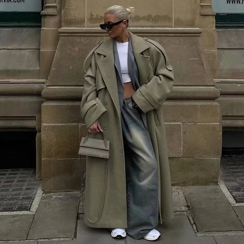 Damen Langer Trenchcoat mit Bindegürtel, doppelreihiger Knopfleiste und Epauletten Drune
