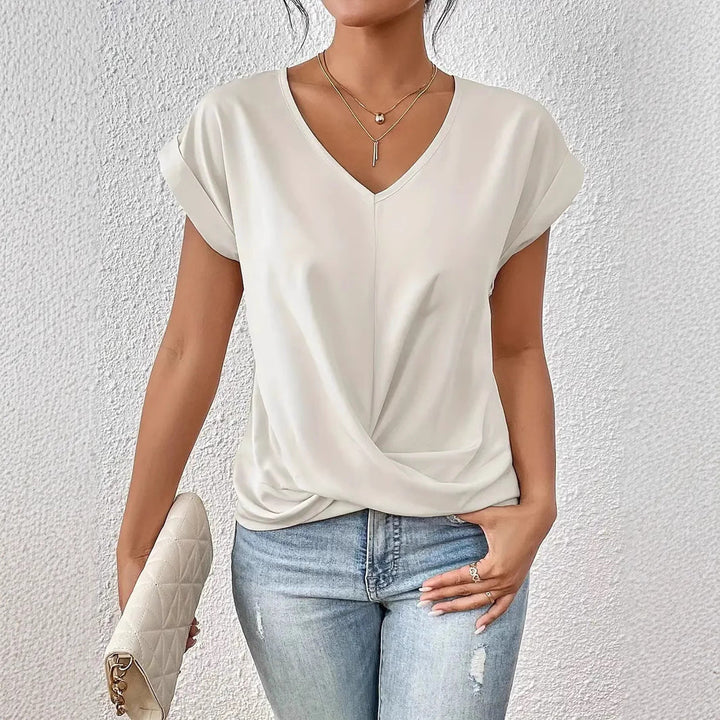 Damen elegante V-Ausschnitt Bluse mit lässiger Drapierung Drune
