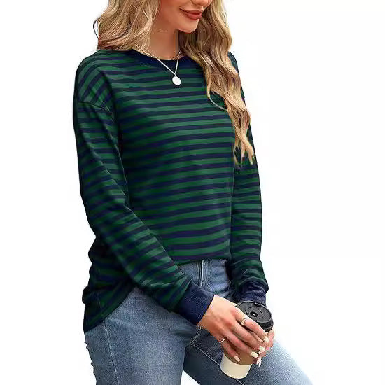 Damen Lässiger Streifenpullover mit Rundhalsausschnitt Drune