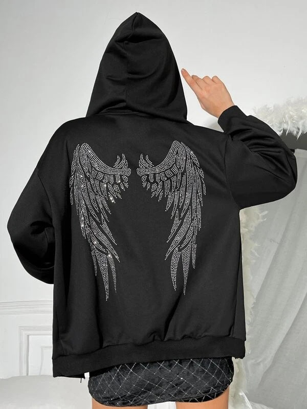 Damen nan Oversize Kapuzenpullover mit funkelndem Strass-Engelsflügel-Rücken Drune