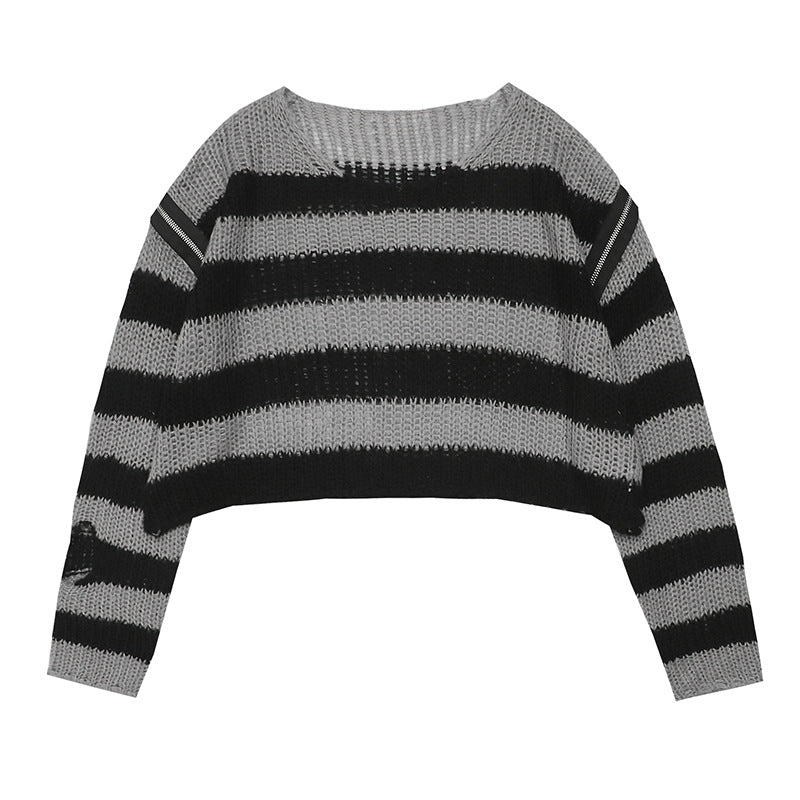 Damen lässiger Cropped Strickpullover mit Streifenmuster Drune