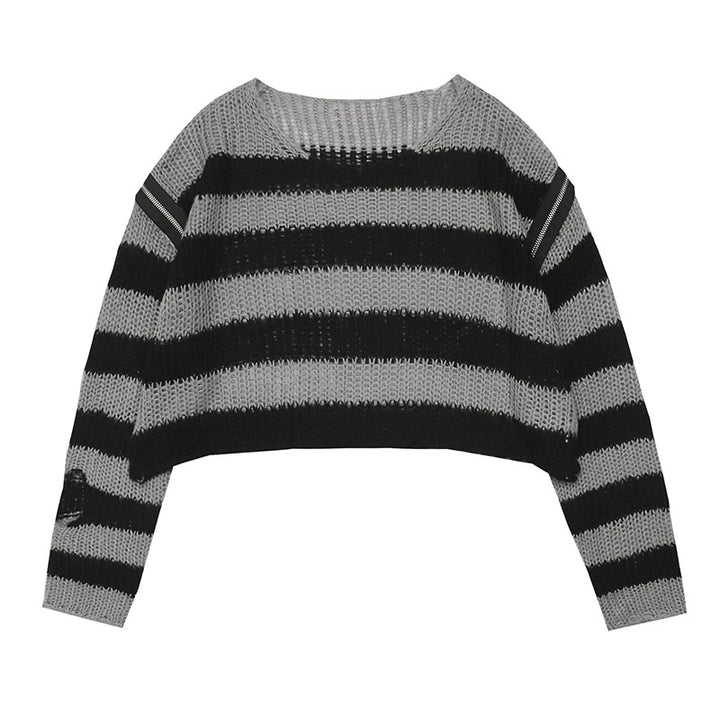 Damen lässiger Cropped Strickpullover mit Streifenmuster Drune