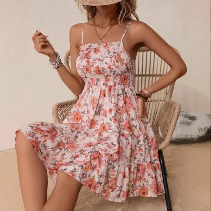 Damen Blumenkleid mit elastischem Oberteil und gerafftem Rock Drune