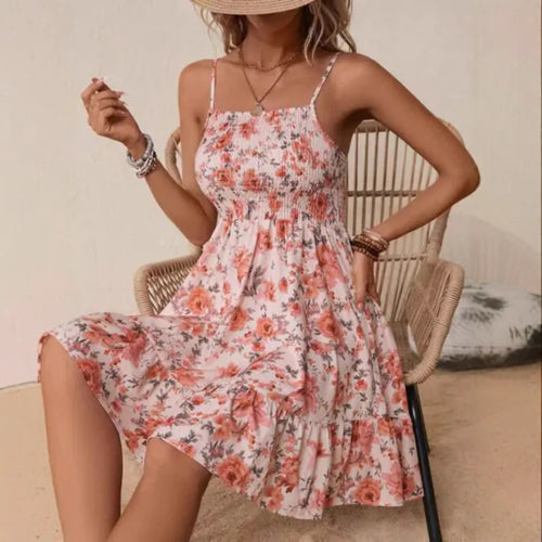 Damen Blumenkleid mit elastischem Oberteil und gerafftem Rock Drune