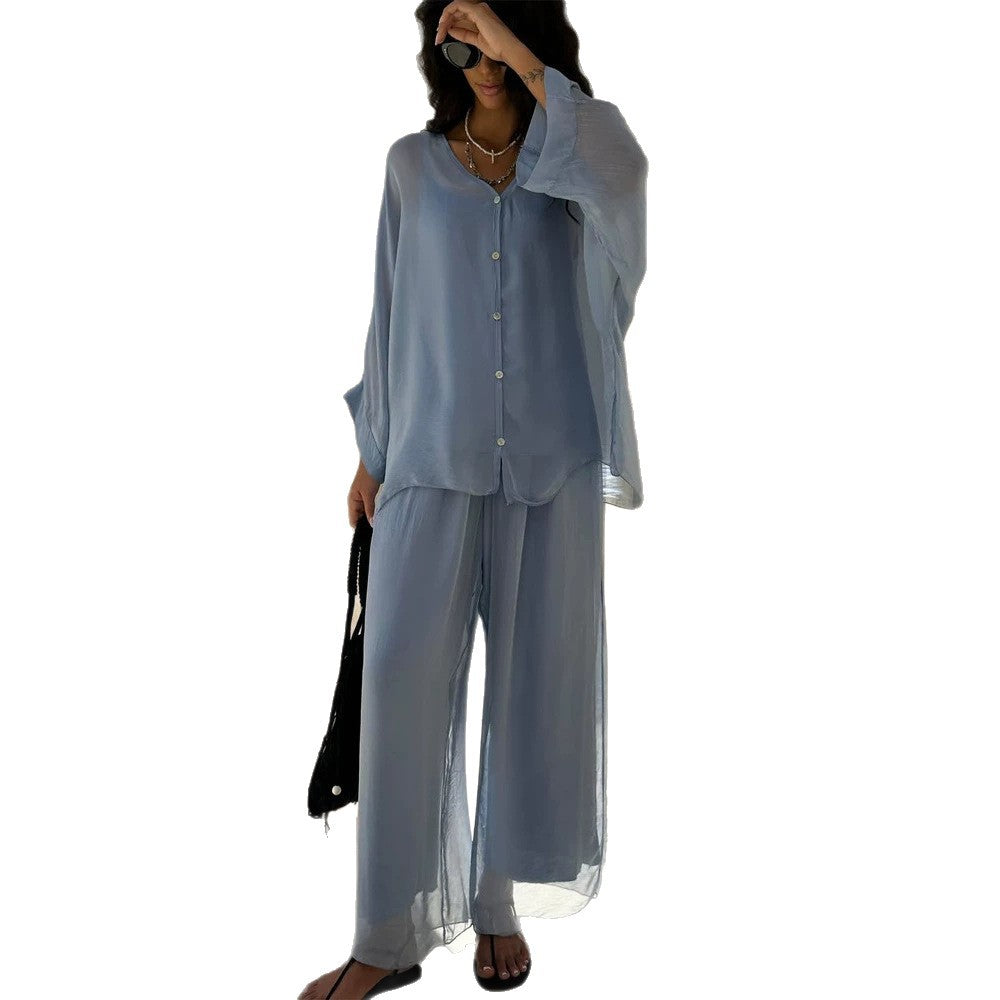 Damen Dreiteiliges Loungewear-Set aus leichter Viskose mit Oversize-Bluse, Top und weiter Palazzohose Drune