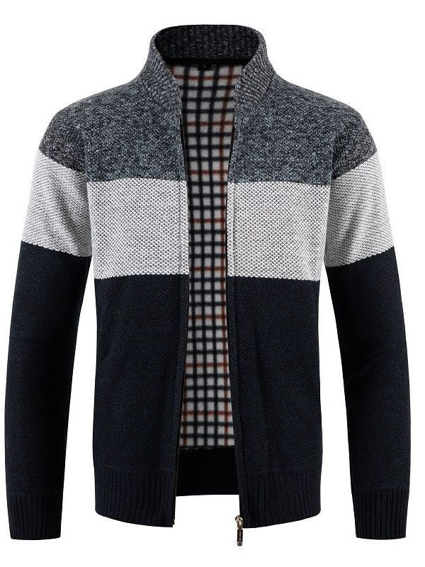 Herren modische Strickjacke mit kontrastierenden Streifen und gestepptem Innenfutter Drune