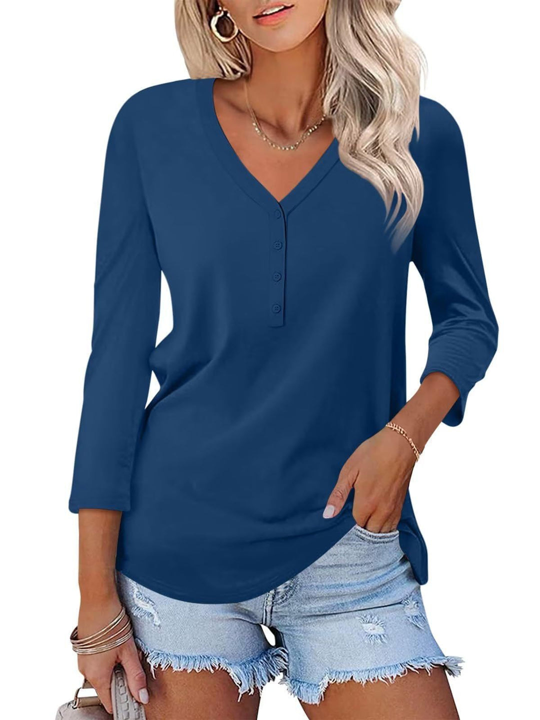 Damen Langarmshirt mit Knopfleiste und V-Ausschnitt Drune