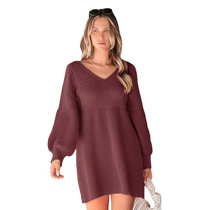 Damen Strickkleid mit V-Ausschnitt und Ballonärmeln Drune