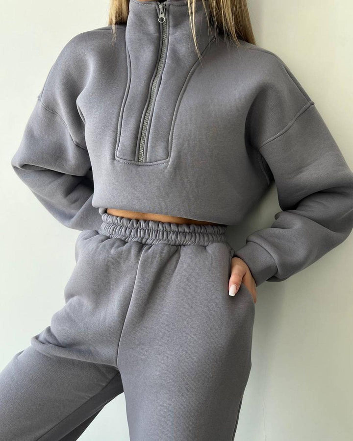 Damen Cropped-Sweatshirt-Set mit hohem Kragen und High-Waist-Jogginghose Drune