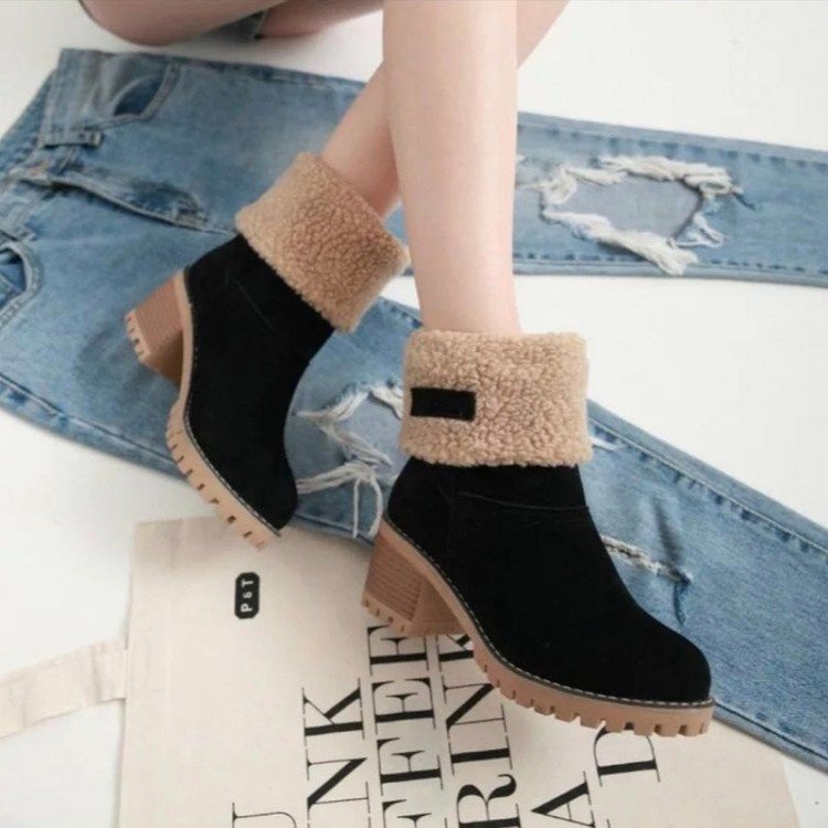 Damen Kurzschaft-Stiefelette mit Teddyfutter, Blockabsatz und Profilsohle Drune