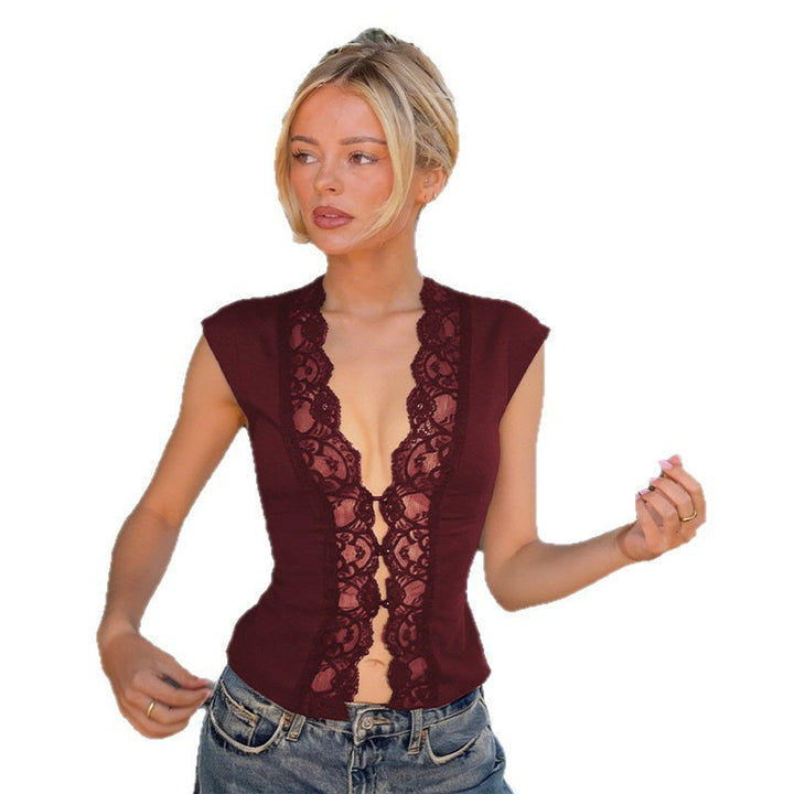 Damen Spitzenbody mit tiefem V-Ausschnitt und eleganten kurzen Ärmeln Drune