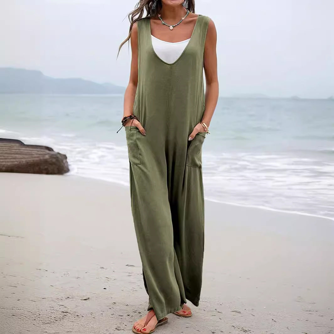 Damen lässiger Jumpsuit mit weit geschnittenem Bein und komfortablen Taschen Drune