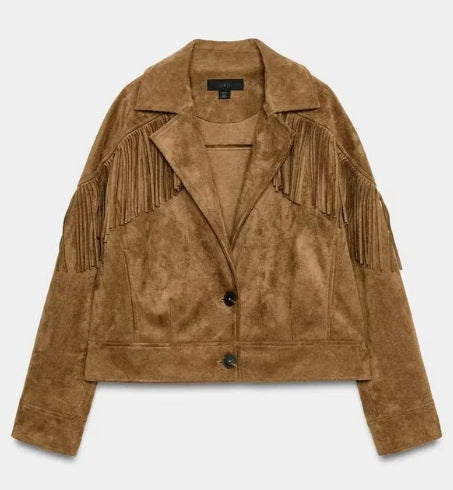 Damen Cropped Velours-Fransenjacke mit Reverskragen Drune