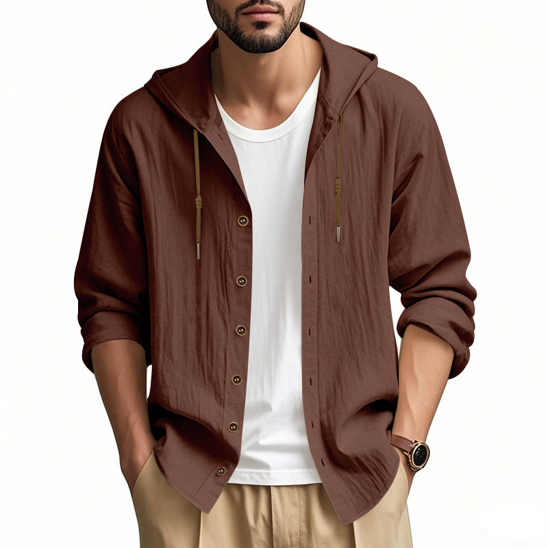 Herren nan leichtes Kapuzenhemdjacke aus Leinenoptik mit durchgehender Knopfleiste Drune