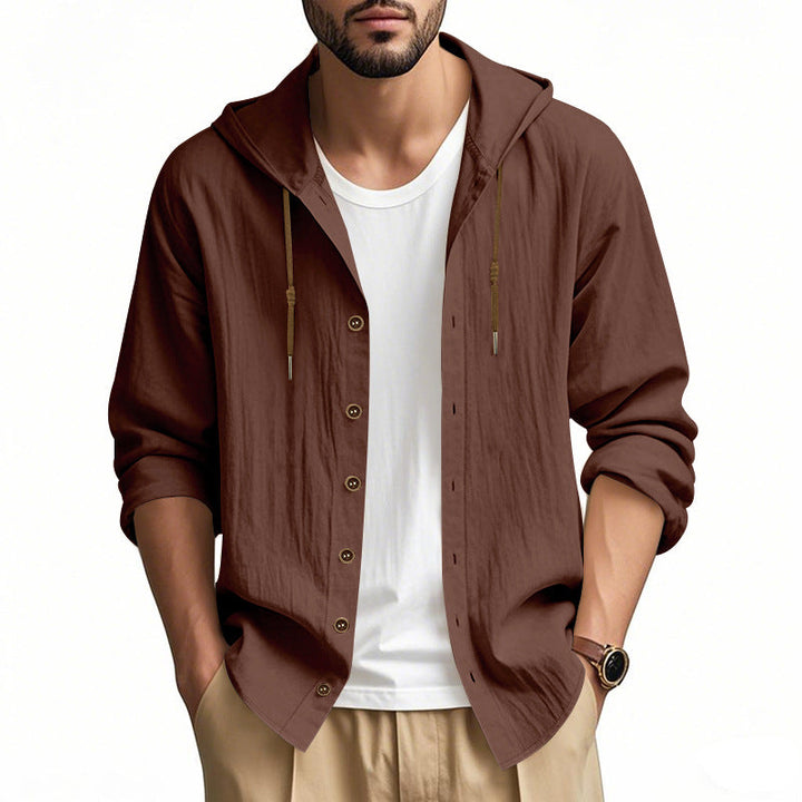 Herren nan leichtes Kapuzenhemdjacke aus Leinenoptik mit durchgehender Knopfleiste Drune
