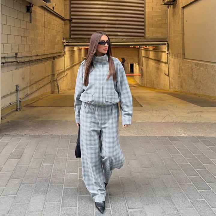 Damen Oversize Karo-Zweiteiler aus Tailormix mit Stehkragen Drune