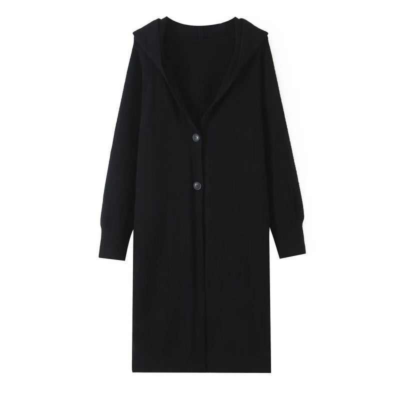 Damen Langer Kapuzen-Cardigan aus Feinstrick mit Knopfleiste und Rippbündchen Drune