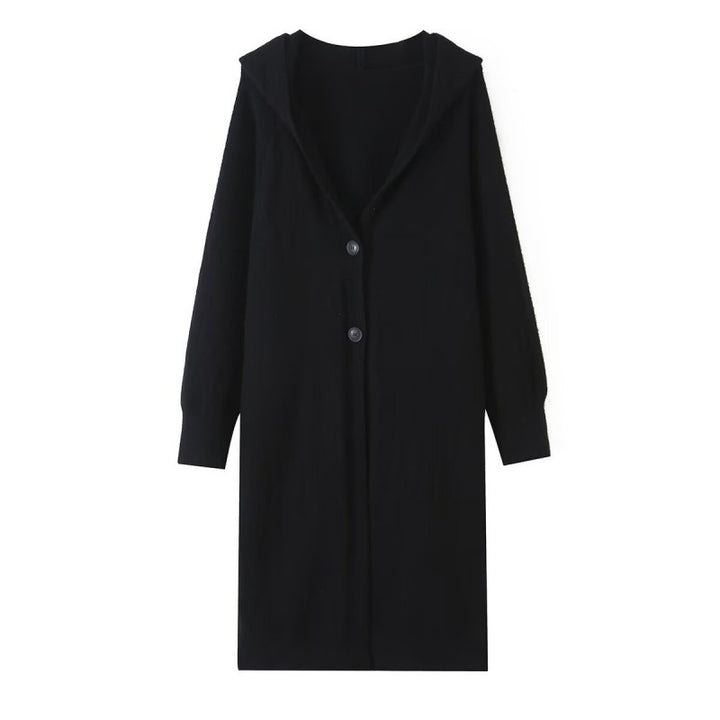 Damen Langer Kapuzen-Cardigan aus Feinstrick mit Knopfleiste und Rippbündchen Drune
