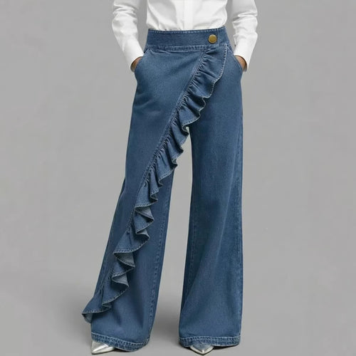 Damen Weite Jeanshose mit Rüschendetail Drune