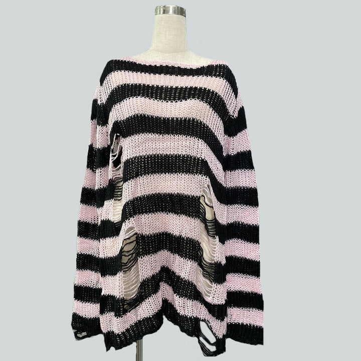 Damen nan Oversized Grobstrickpullover mit breiten Blockstreifen und aufgerissenem Design Drune