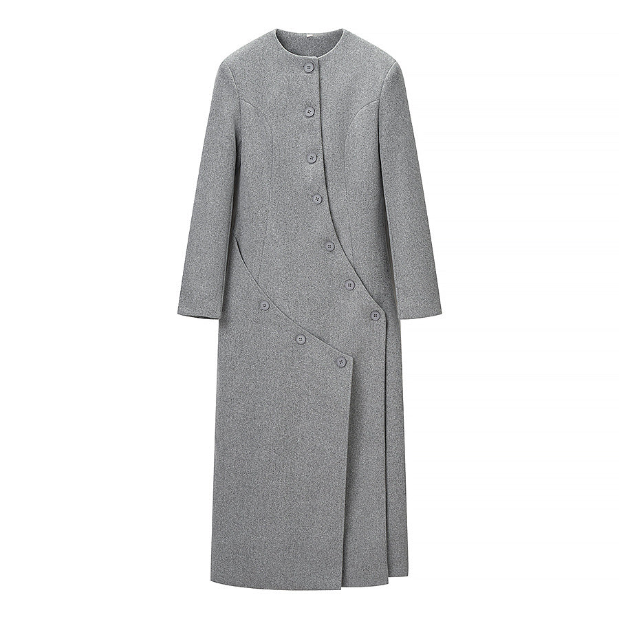 Damen Langer taillierter Wollmix-Mantel mit Rundhalsausschnitt und asymmetrischer Knopfleiste Drune