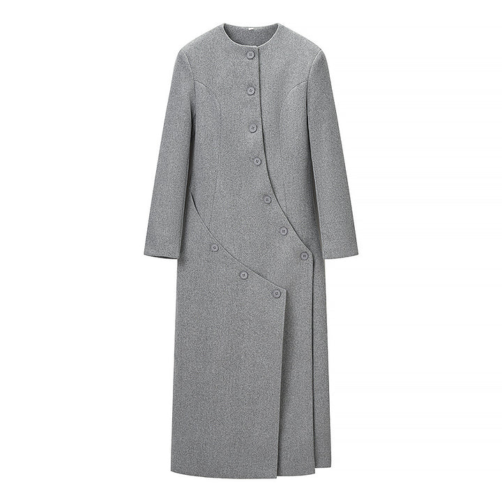 Damen Langer taillierter Wollmix-Mantel mit Rundhalsausschnitt und asymmetrischer Knopfleiste Drune