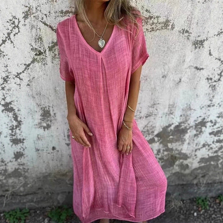 Damen lässiges Maxikleid aus leichtem Stoff mit V-Ausschnitt und kurzem Arm Drune