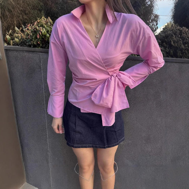Damen Wickelbluse mit Bindeband und elegantem Kragen Drune