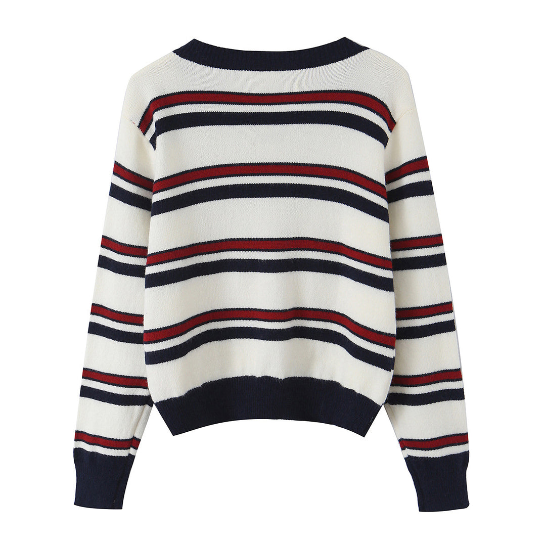 Damen nan gestreifte Strickjacke mit Knopfleiste, V-Ausschnitt und tailliertem Bund Drune