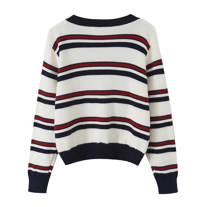 Damen nan gestreifte Strickjacke mit Knopfleiste, V-Ausschnitt und tailliertem Bund Drune