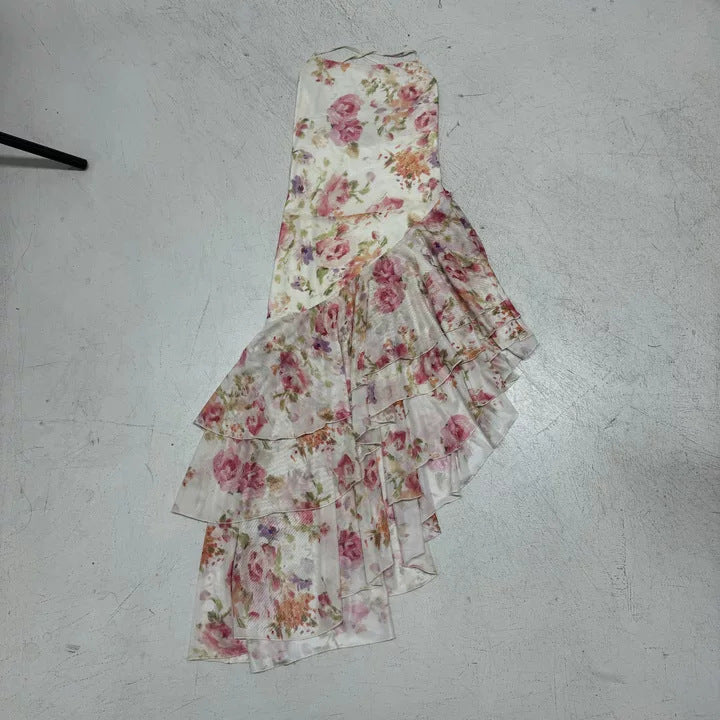 Damen Maxikleid mit floralem Rüschenmuster und trägerlosem Design Drune