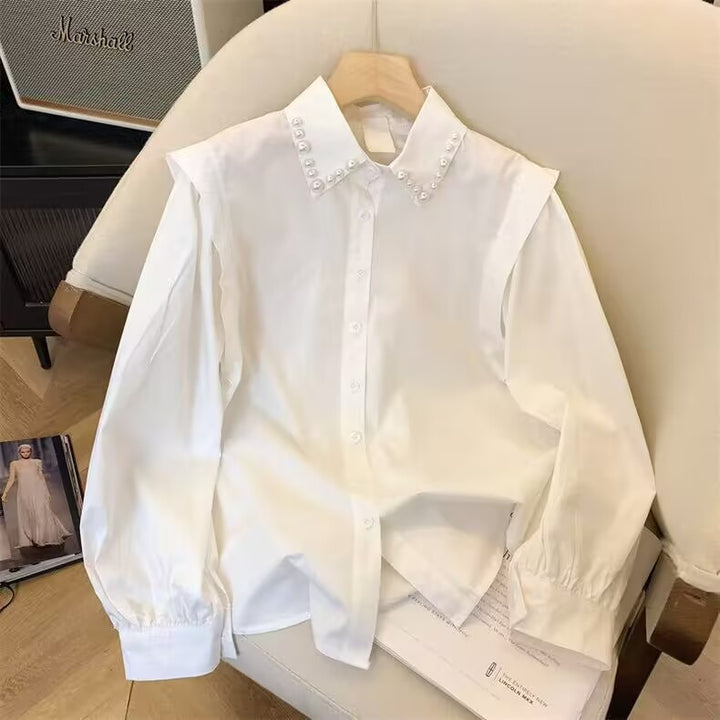 Damen nan Perlenbesetzte Hemdbluse mit Puffärmeln und spitzem Kragen Drune