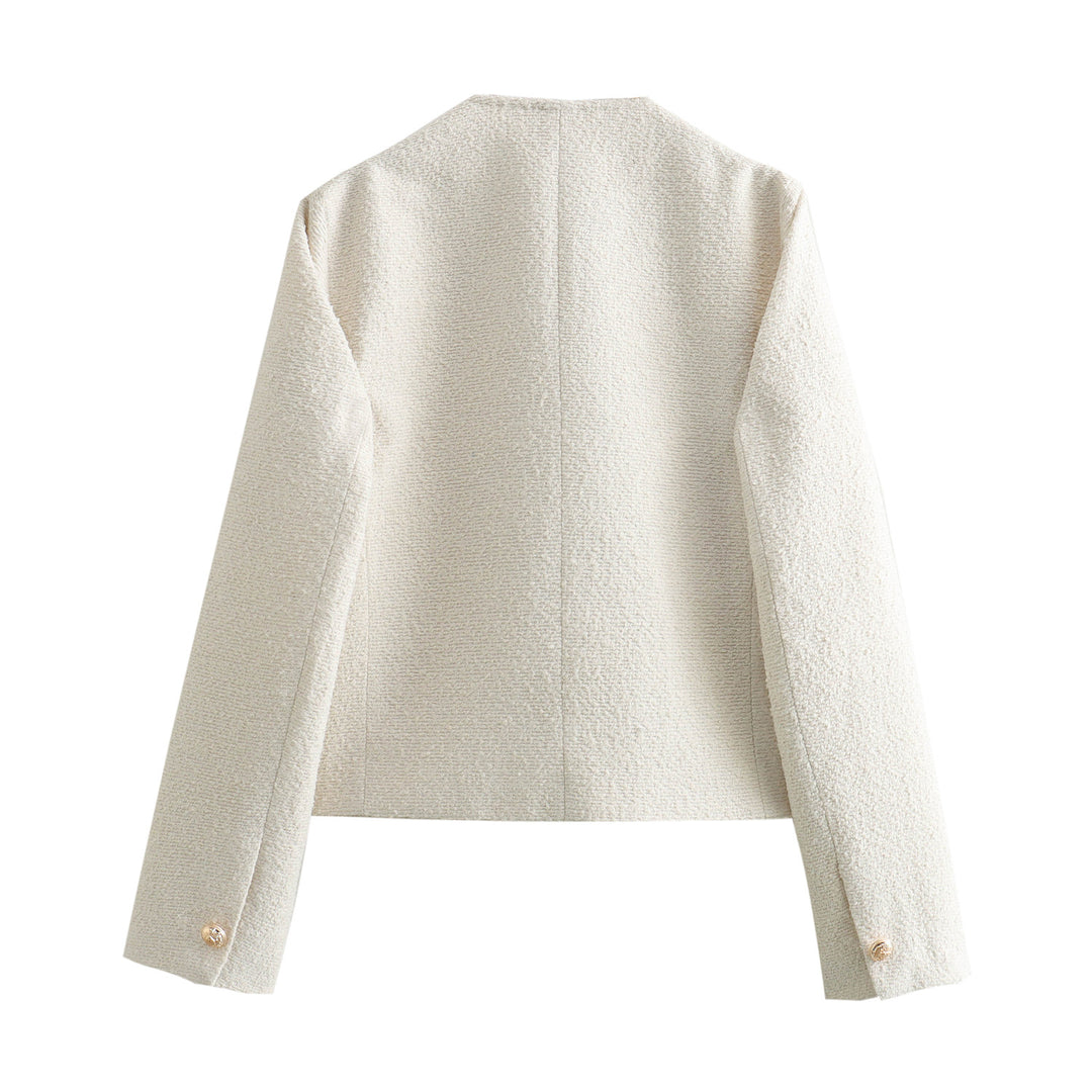 Damen nan elegante Bouclé-Croppedjacke mit Rundhalsausschnitt, goldknopf-Details und aufgesetzten Gürteltaschen Drune